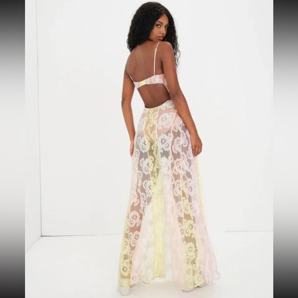 For Love & Lemons Sheer Lace Maxi Dress in Pink and Yellow - Picture 3 of 12